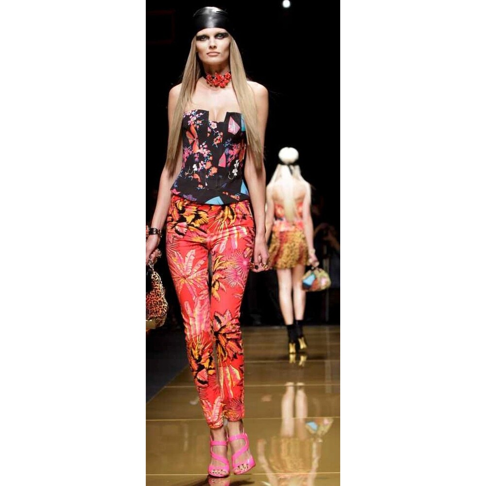Versace x H&M 2011 Tropical Palm Print Skinny Trousers Pants Sz 10 Glam Y2K NWOT